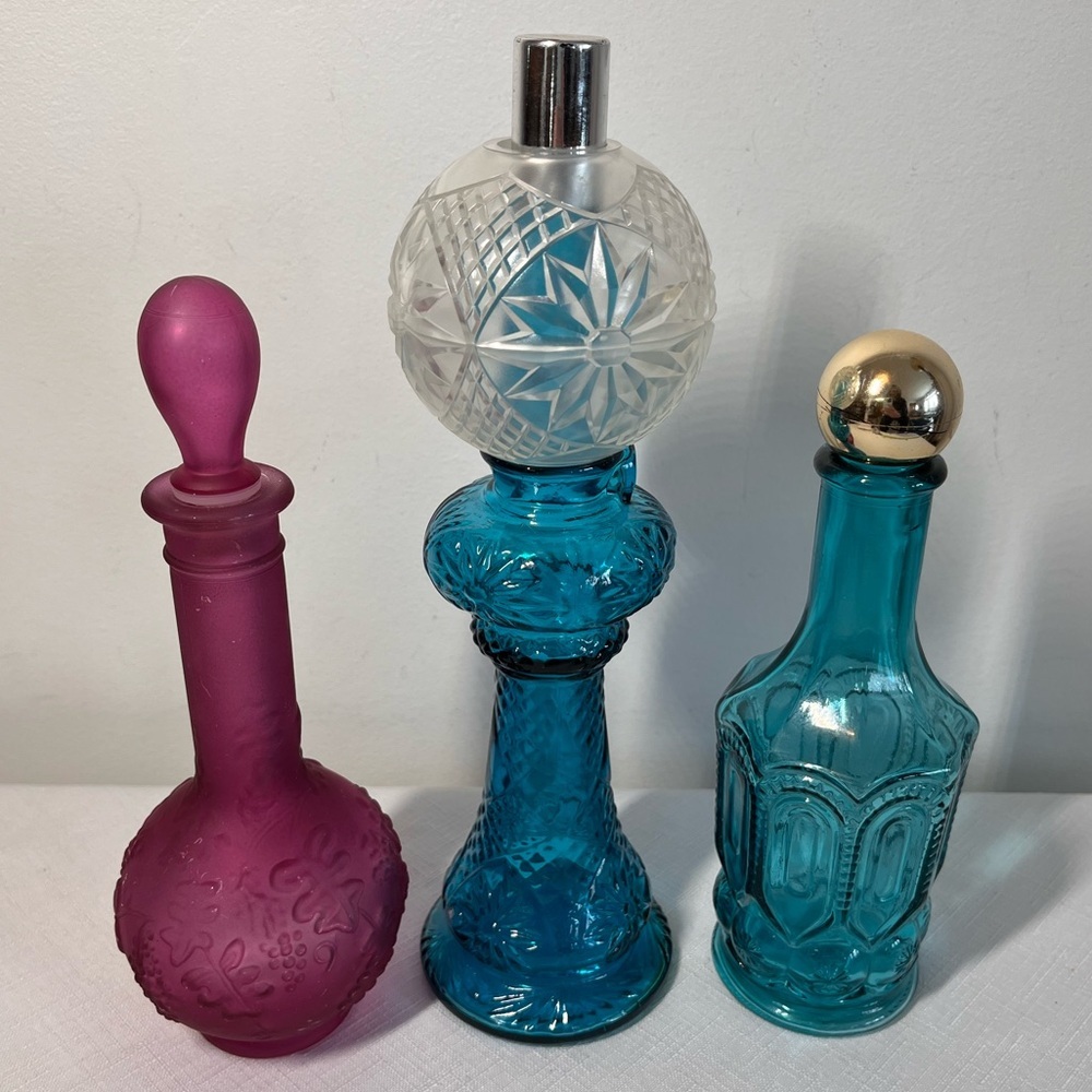 AVON Decorative Glass Bottle Trio in Purple and Blue